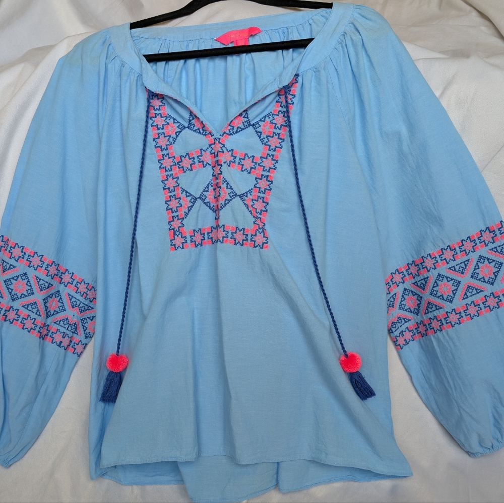 Lily Pulitzer Cecile Zanzibar Blue Embroidered Long Sleeve Tunic Top Size XL
